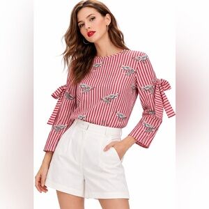 Zara Bird Print Striped Blouse Small Red White Tie Cutout Sleeves